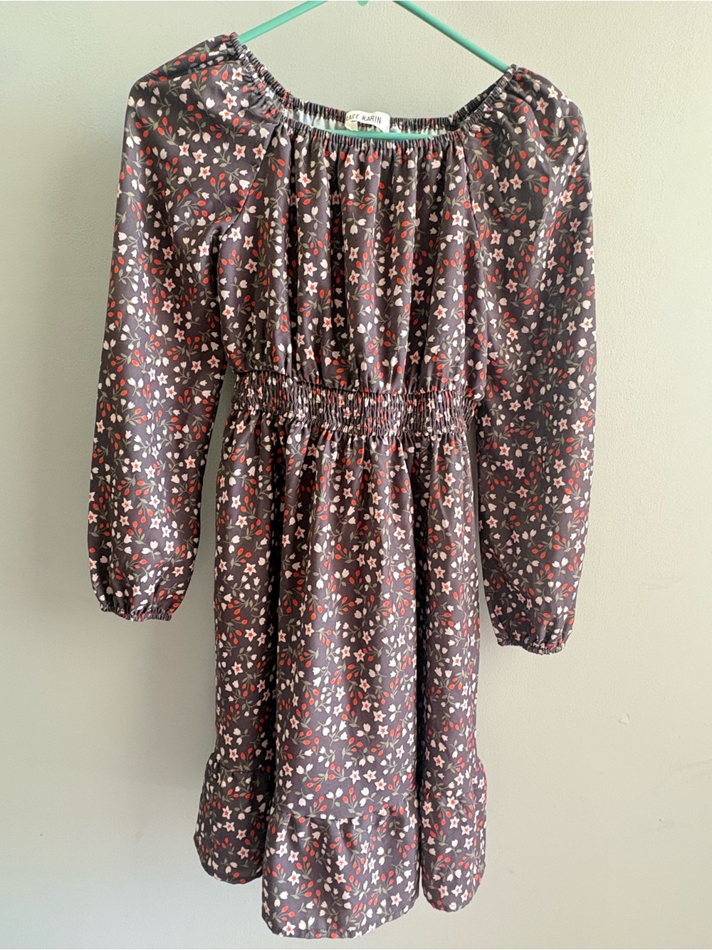 Grace Karin Gray Floral Smocked-Waist Long Sleeve Kids Dress with Pink Accents